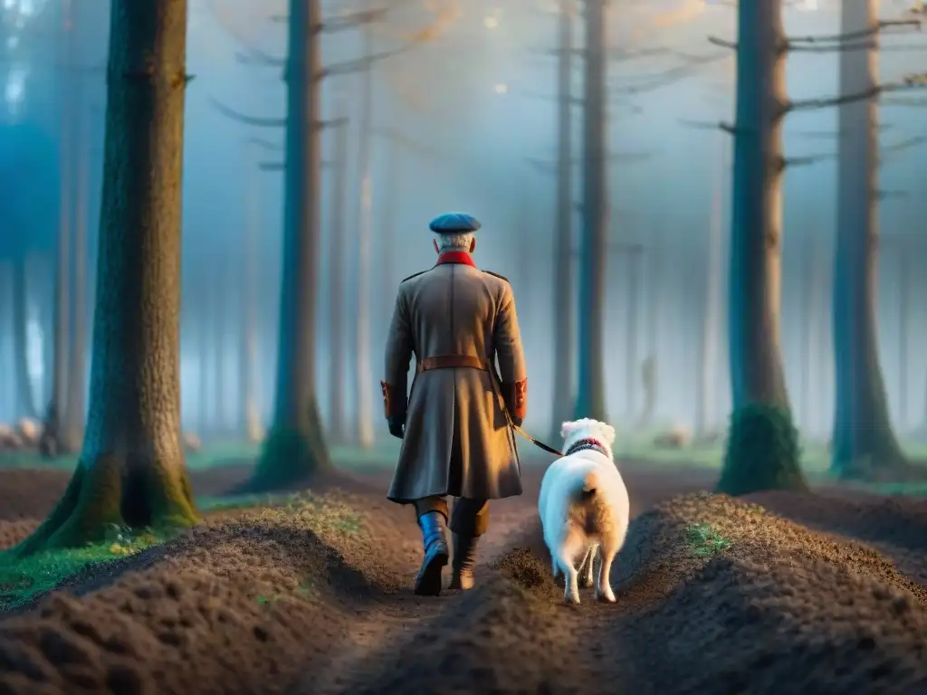 Explorador de trufas blancas en Alba, norte de Italia, con perro entrenado en bosque neblinoso al amanecer