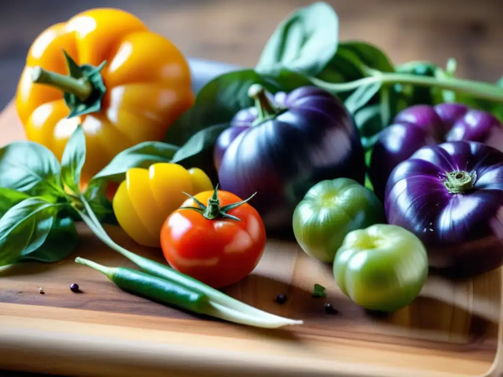 Una explosión de coloridos vegetales recién cortados sobre tabla de madera