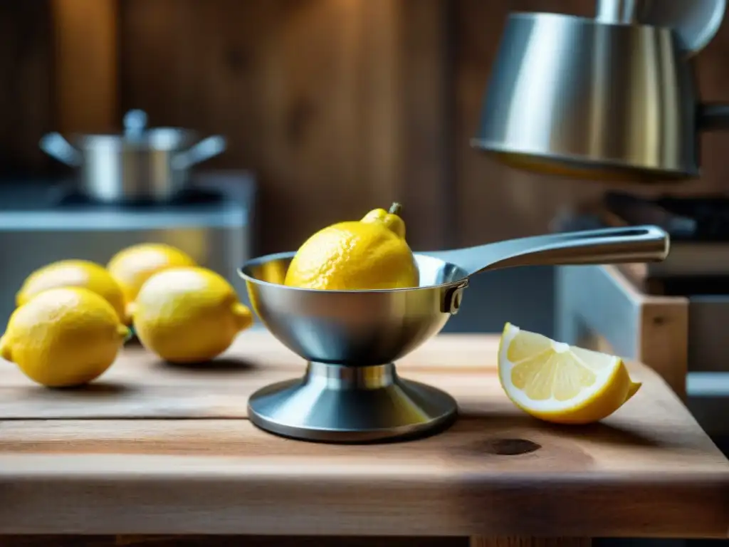 Exprimidor de limón italiano en acción, destacando detalles, en una cocina tradicional rústica