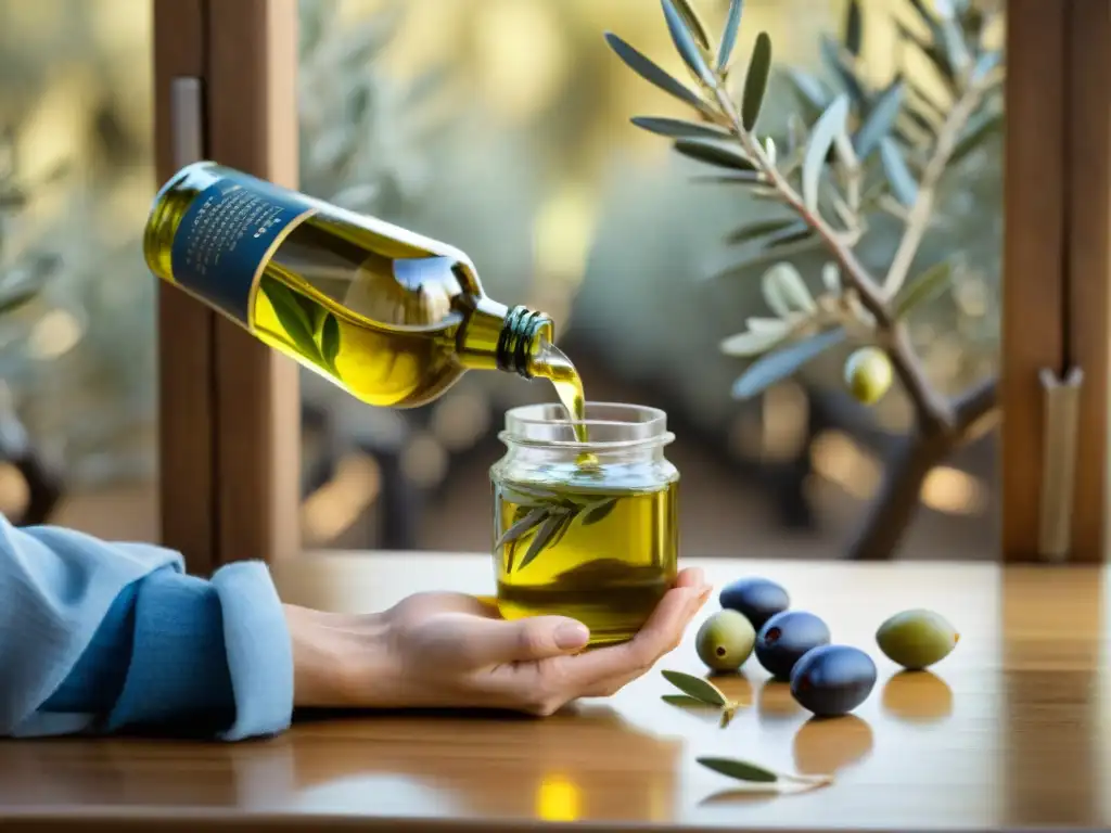 Exquisita degustación de aceite de oliva premium: mano sostiene vaso con oro líquido, cuchara y botellas en mesa rústica