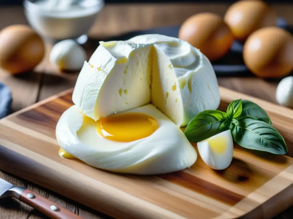 Una exquisita burrata auténtica para disfrutar, con su cremoso relleno en un rústico tablero de madera