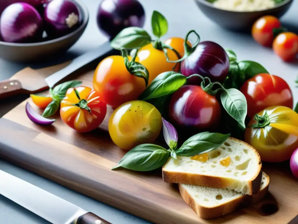 Una exquisita y colorida receta auténtica panzanella italiana con tomates, cebollas, albahaca y aceite de oliva