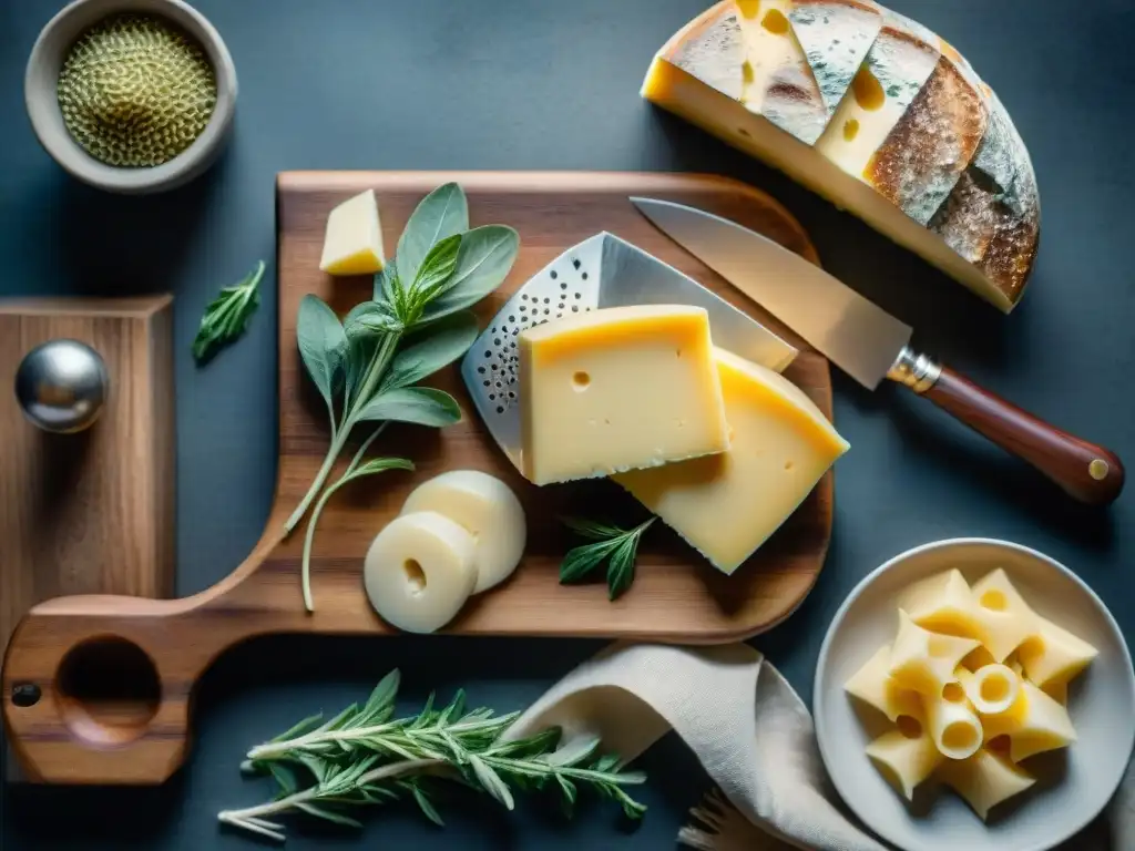 Una exquisita combinación de queso y pasta en una mesa rústica con variedad de ingredientes y utensilios vintage