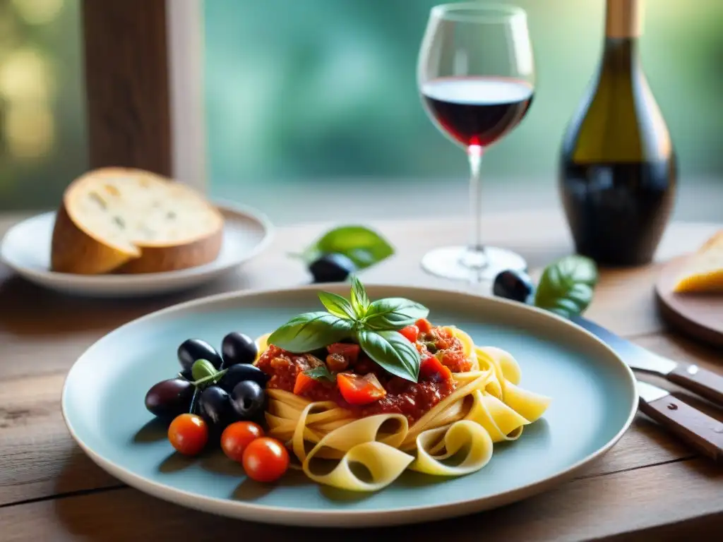 Una exquisita comida italiana en una mesa rústica, con pasta casera, pan, quesos, aceitunas y vino tinto