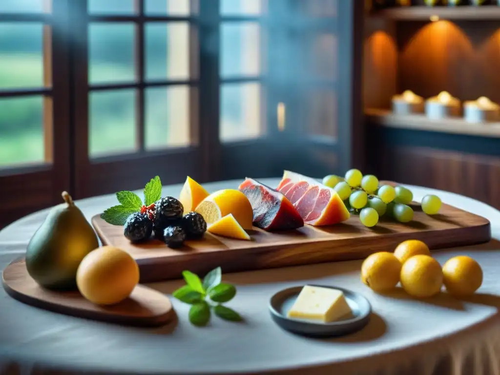 Una exquisita degustación de vinagres balsámicos junto a frutas frescas, quesos y embutidos en una mesa rústica de madera