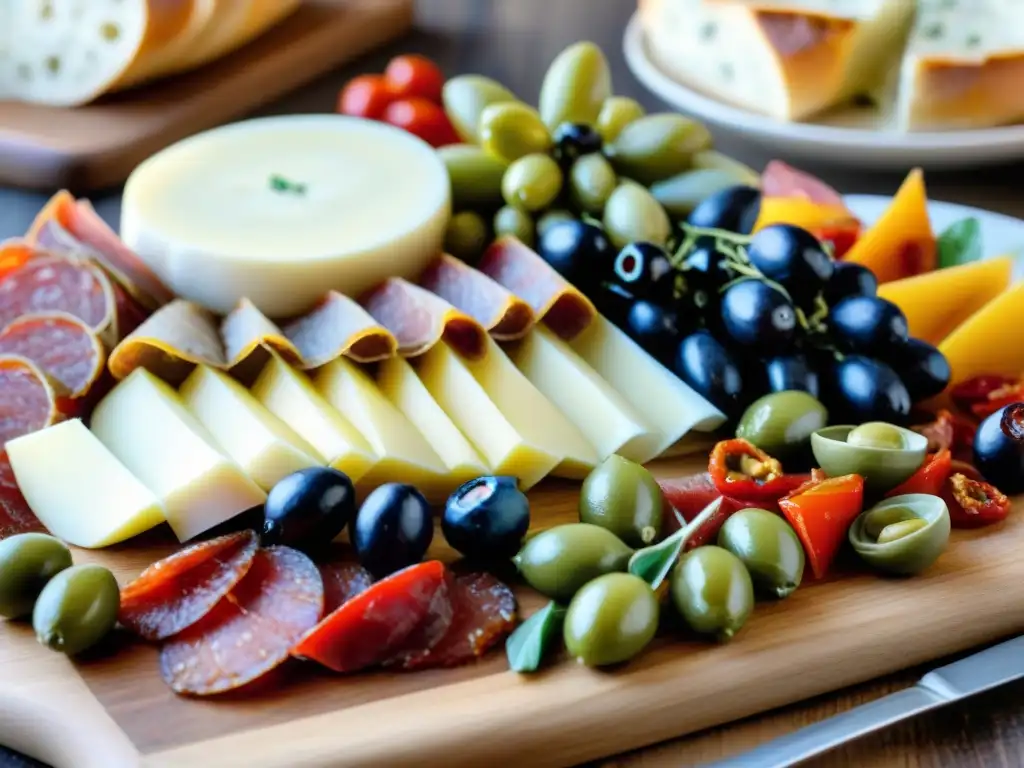 Una exquisita degustación de antipasti italiano en un restaurante tradicional, resaltando colores y texturas vibrantes en una tabla de madera rústica