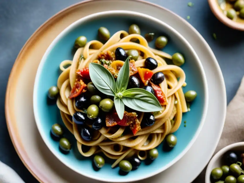 Una exquisita y detallada imagen de un plato vegano italiano inspirado en la dieta mediterránea, con vibrantes colores y texturas