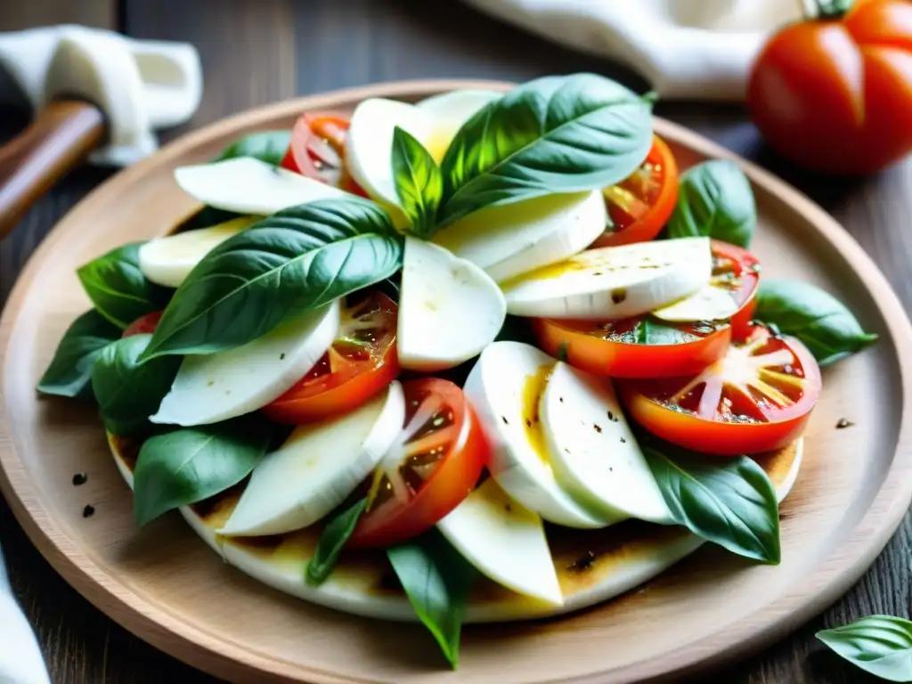 Caprese salad: frescura y color en Italia Una exquisita ensalada Caprese con ingredientes frescos y coloridos, sobre un plato rústico, en un paisaje italiano