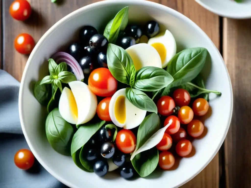 Una exquisita ensalada italiana equilibrada con tomates cherry, albahaca, mozzarella, aceitunas y cebolla roja, aderezada con vinagreta balsámica