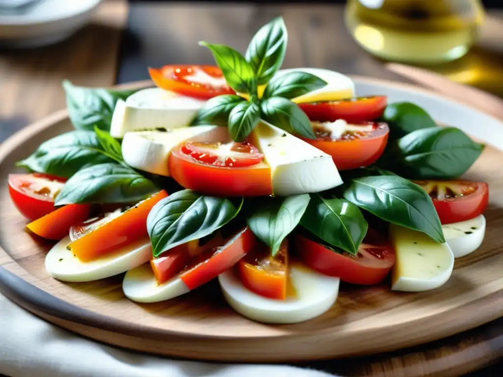 Una exquisita ensalada Caprese con tomate, albahaca y mozzarella, evocando frescura y salud