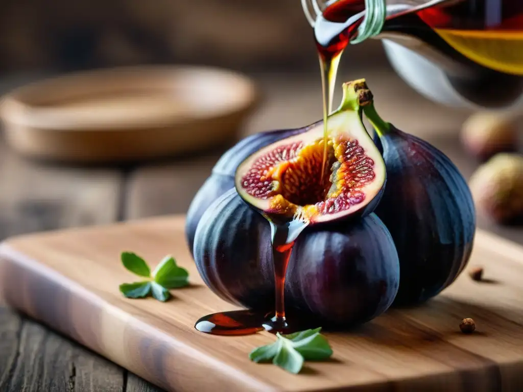 Una exquisita escena de lujo culinario: vinagre balsámico enriqueciendo una jugosa higuera, sobre tabla de madera y hierbas frescas