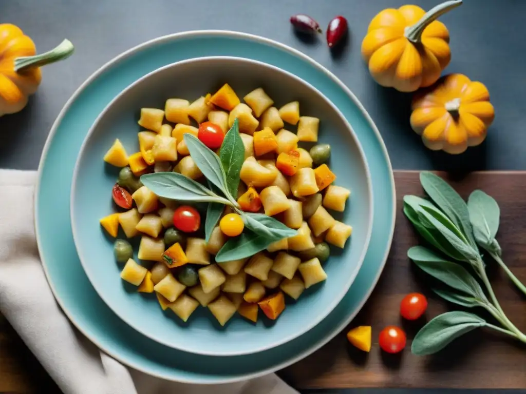 Exquisita escena de mesa rústica con gnocchi de calabaza, verduras otoñales y tomates cherry