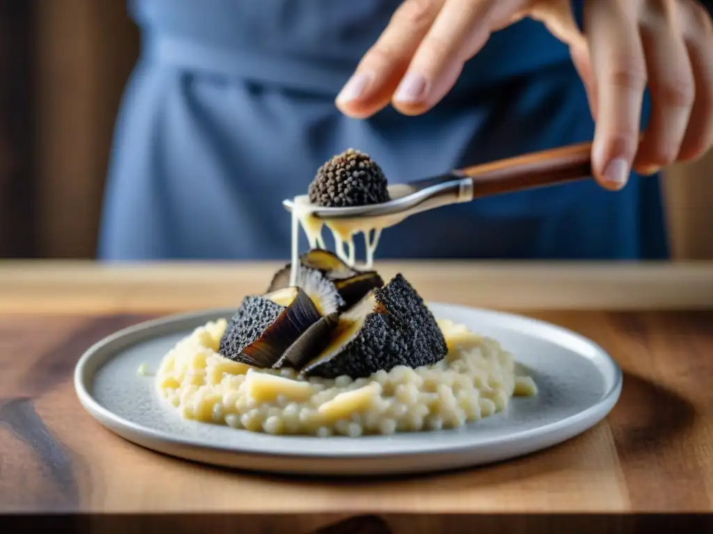 Exquisita experiencia culinaria con un chef rallando una trufa negra fresca sobre un risotto cremoso, resaltando la elegancia y el aroma