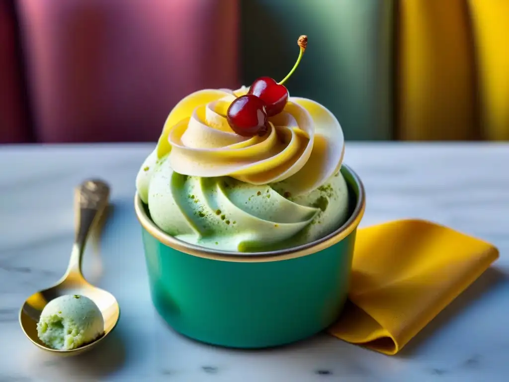 Una exquisita flor de gelato italiano con detalles de pistacho y cereza, adornada con hojuelas de oro comestible en una gelatería tradicional italiana