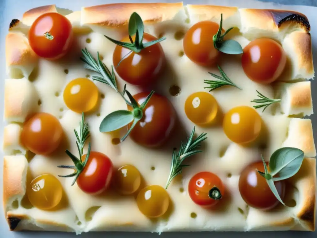 Exquisita focaccia recién horneada con tomates cherry, romero y sal marina