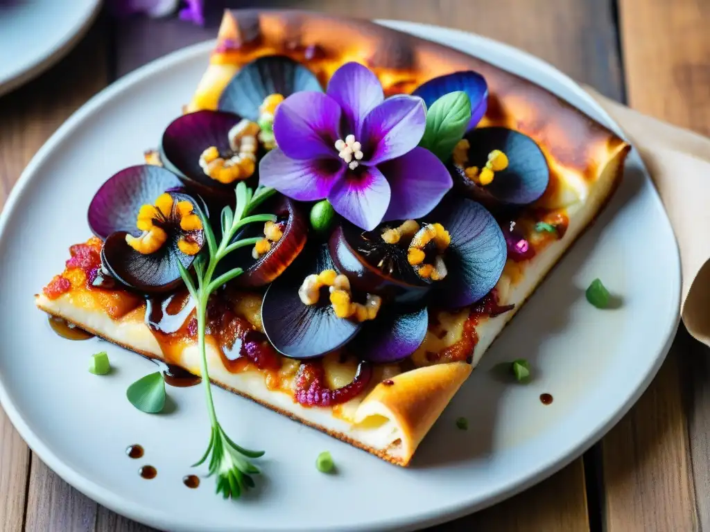 Una exquisita fusión gastronómica en una rebanada de pizza con sabores inusuales y vibrantes colores