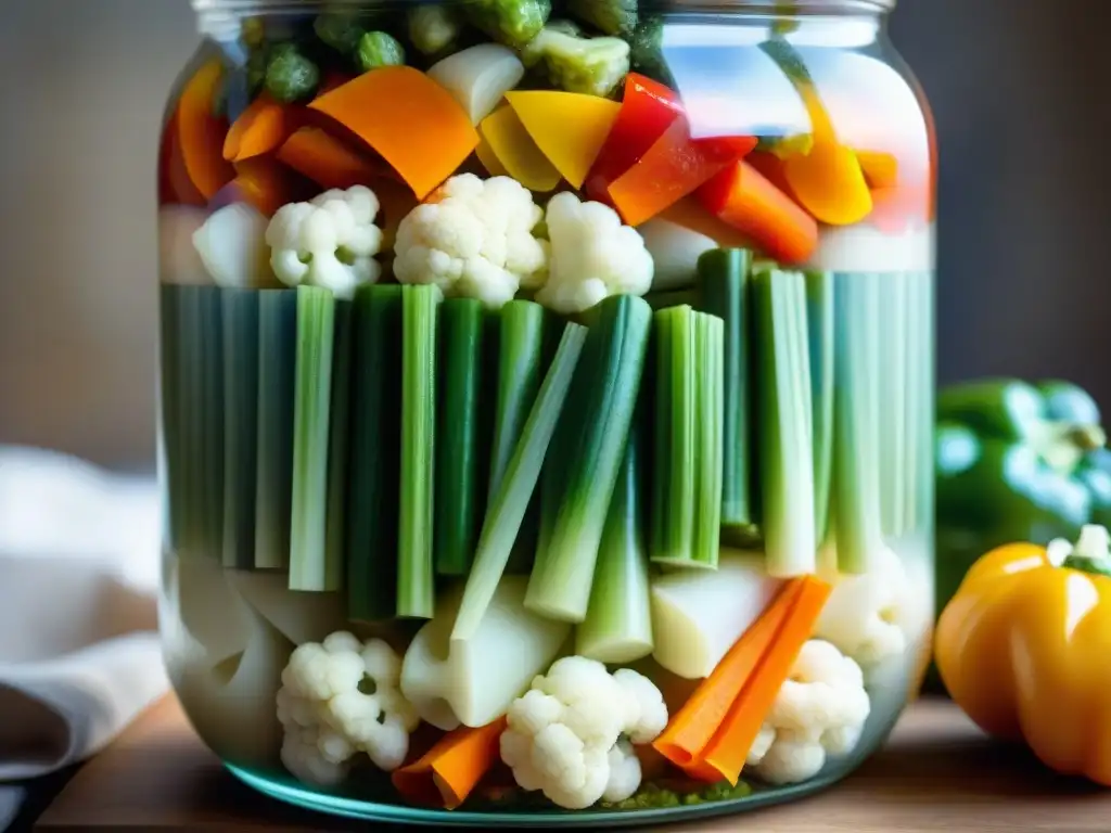 Una exquisita Giardiniera italiana fermentada receta tradicional con vegetales coloridos en un frasco de vidrio