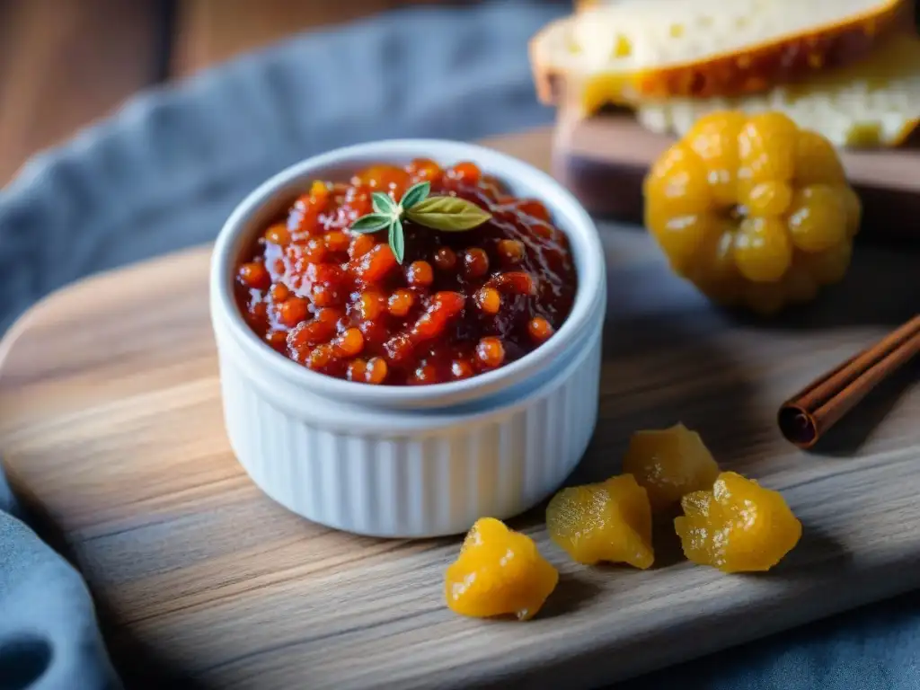 Una exquisita Mostarda italiana casera en tabla rústica, resaltando colores y texturas de frutas, semillas de mostaza y especias