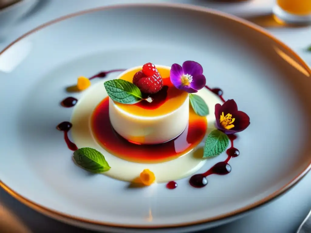 Exquisita Panna Cotta molecular, fusionando innovación y tradición italiana con detalles elegantes