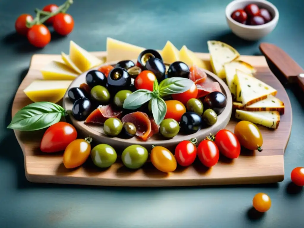 Exquisita preparación antipasti cocina italiana con variedad de sabores y colores frescos en una tabla rústica de madera