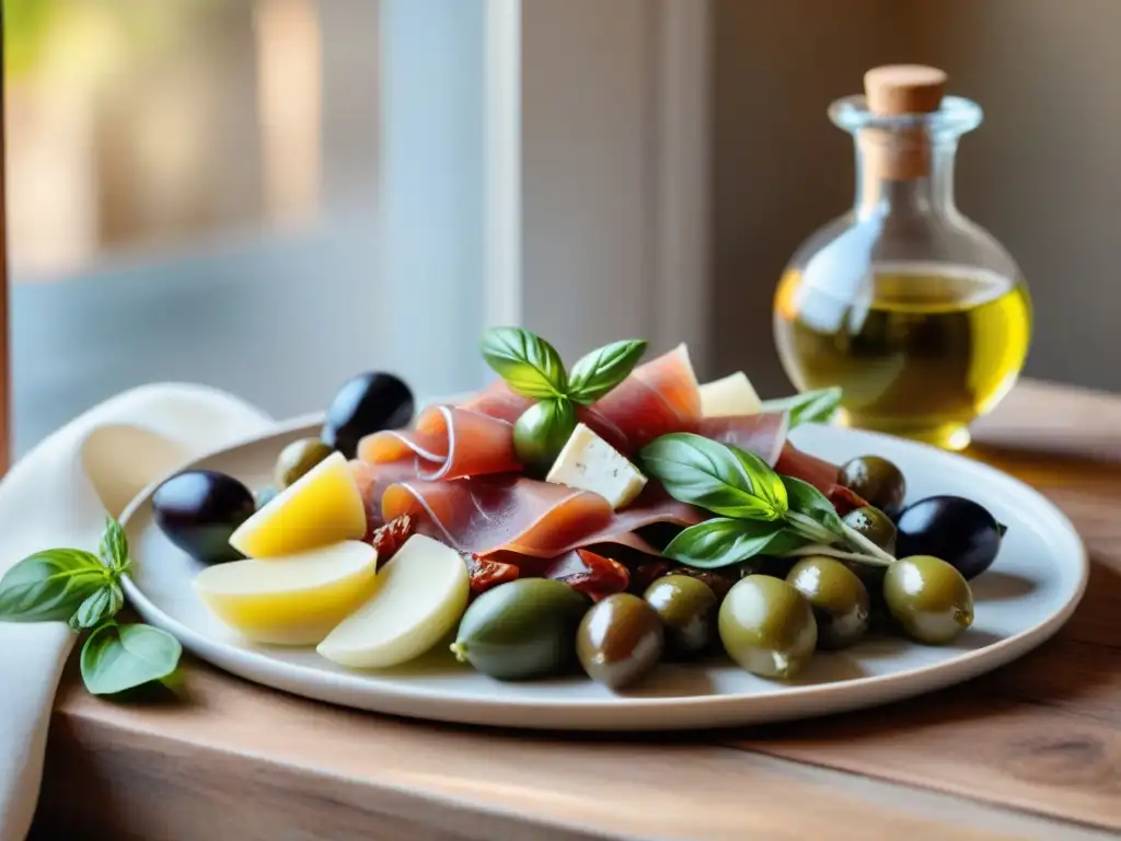 Exquisita degustación de antipasti italiano en mesa rústica, con balsámico y aceite de oliva, bañados por luz cálida