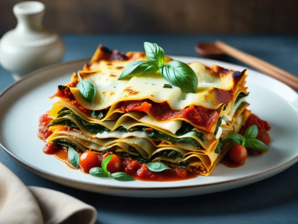 Una exquisita lasaña vegetariana receta gourmet deliciosa, con capas vibrantes de verduras asadas, queso ricotta y albahaca fresca