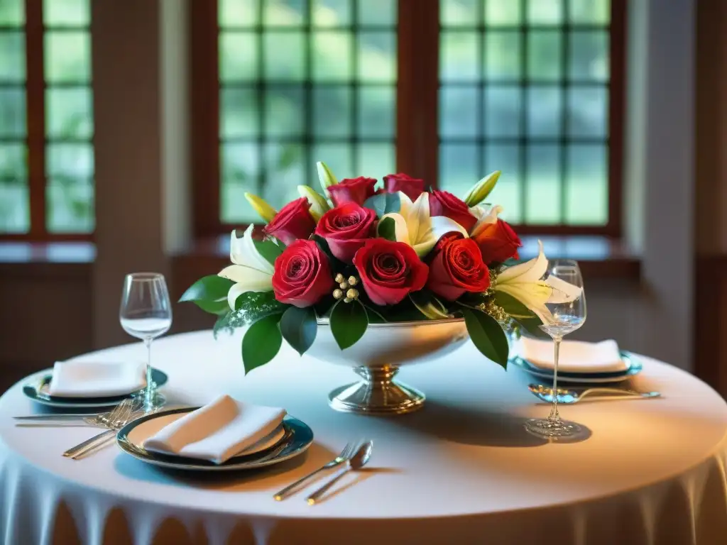 Centro floral italiano de lujo en boda elegante Una exquisita decoración de mesa en boda estilo italiano con lujoso arreglo floral en rojo y blanco, en elegante jarrón toscano