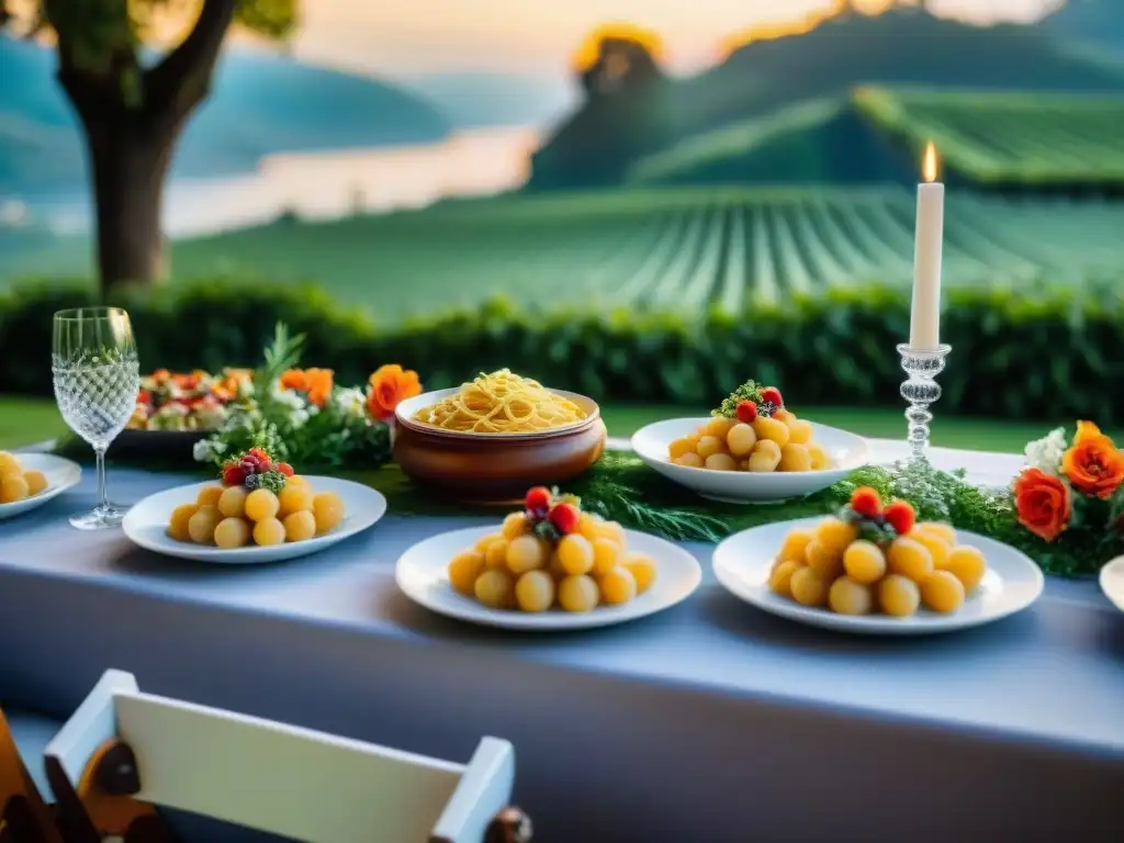 Exquisita mesa de catering italiano para bodas al aire libre con pasta, antipasto y postres tradicionales, fina vajilla y flores frescas