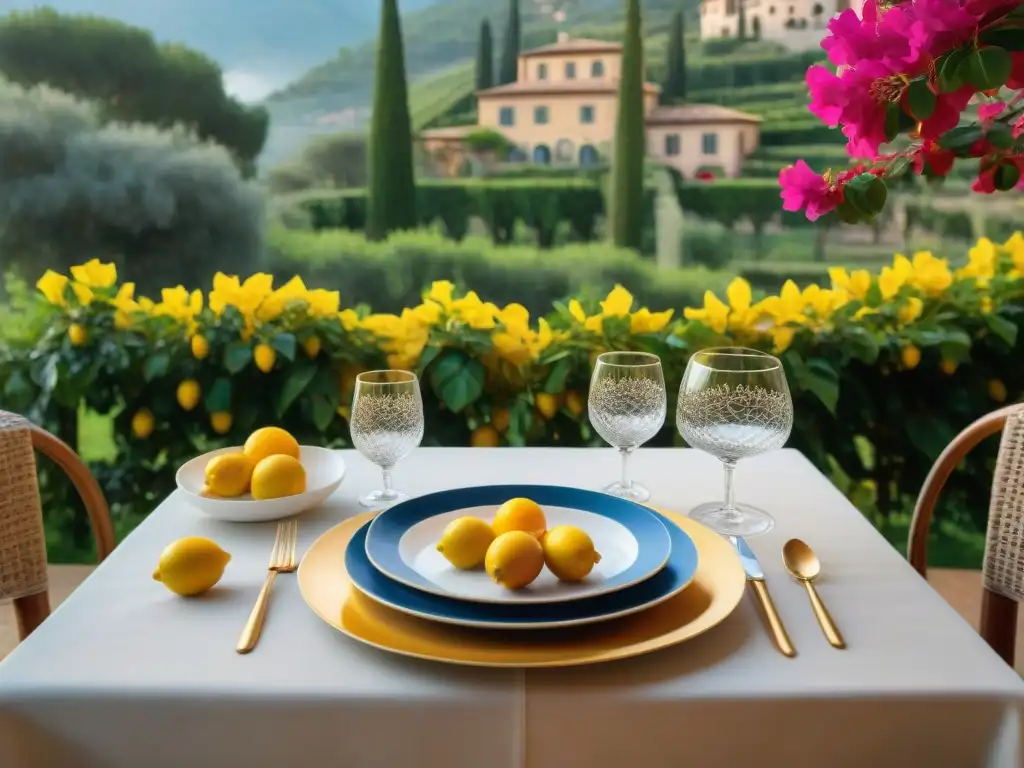 Exquisita mesa de cena italiana con vajillas italianas de lujo personalizadas en un escenario lujoso y encantador en una villa italiana al sol