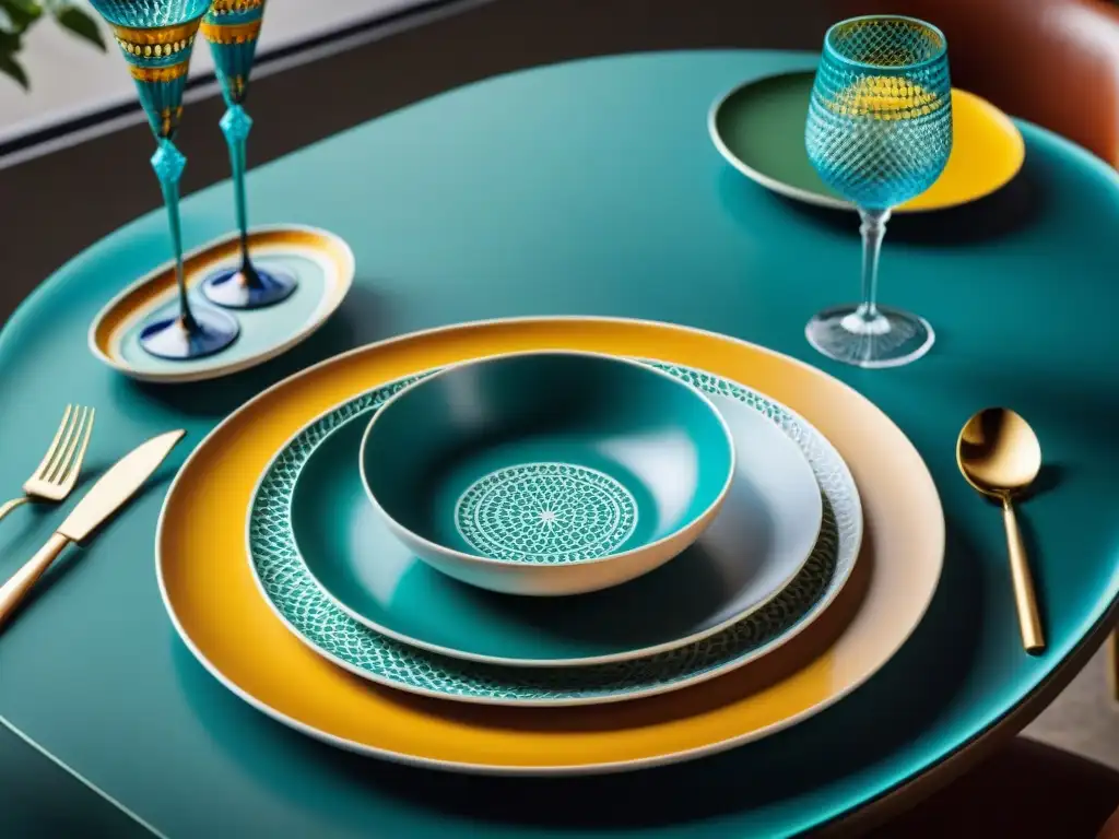 Exquisita mesa de comedor con platos italianos de diseñador, cutlery elegante y copas, creando una atmósfera sofisticada