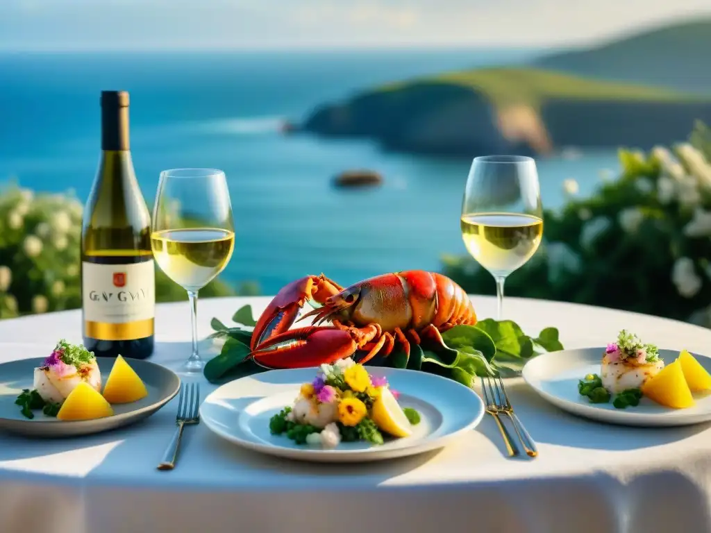 Exquisita mesa junto al mar con Gavi di Gavi y mariscos frescos Exquisita mesa frente al mar con maridajes elegantes para pescados en Gavi di Gavi