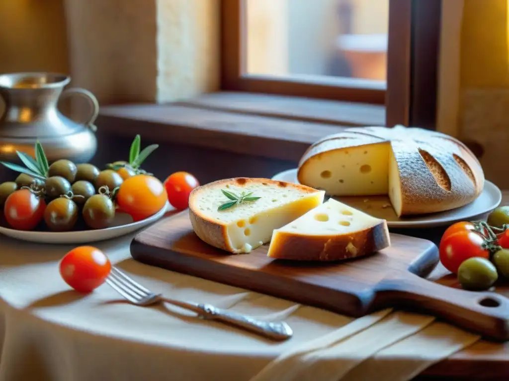 Exquisita mesa de madera con platos italianos tradicionales, pecorino sardo, aceitunas y vinos locales, iluminada por cálida luz solar