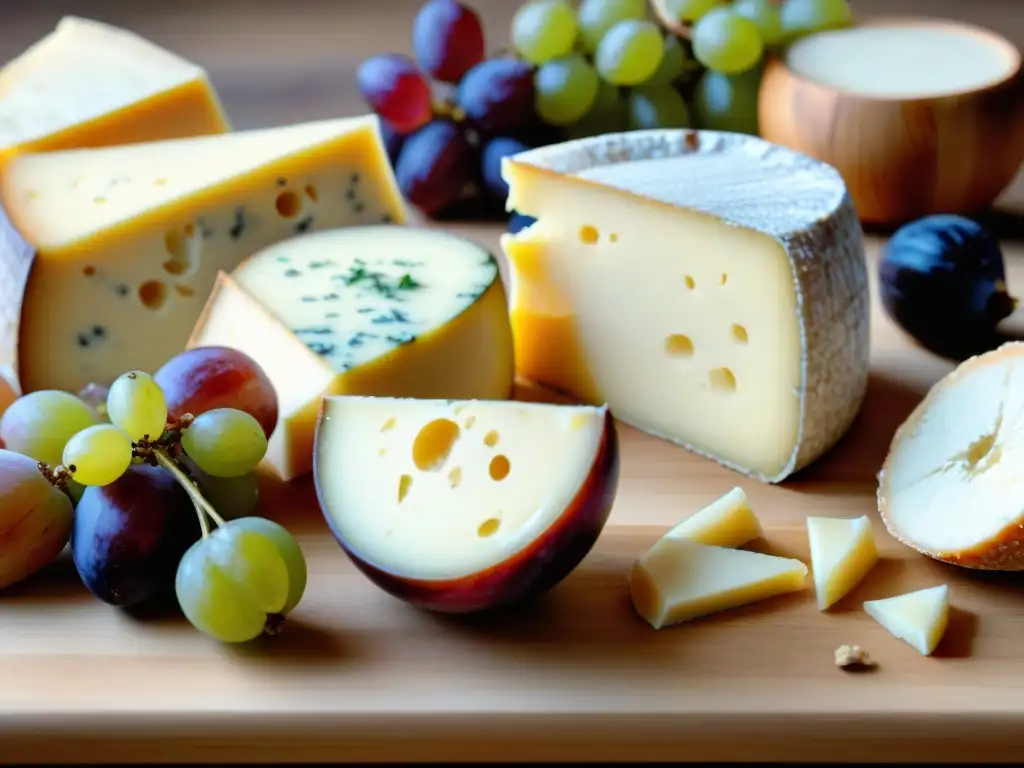 Una exquisita mesa de quesos italianos para boda gourmet con Parmigiano Reggiano, Pecorino Romano, Gorgonzola y Taleggio, acompañados de uvas, higos, pan artesanal, miel y frutos secos, resaltados por una suave iluminación natural