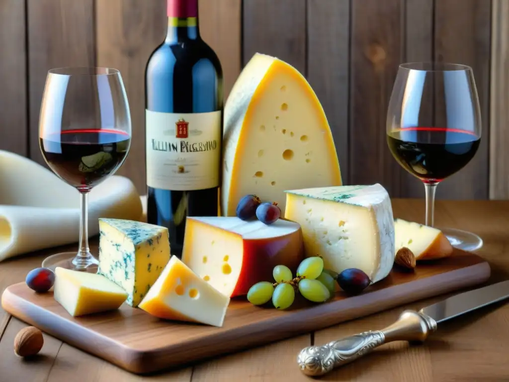 Una exquisita mesa rústica con quesos italianos y vinos premium, ideal para un maridaje vinos quesos italianos perfecto