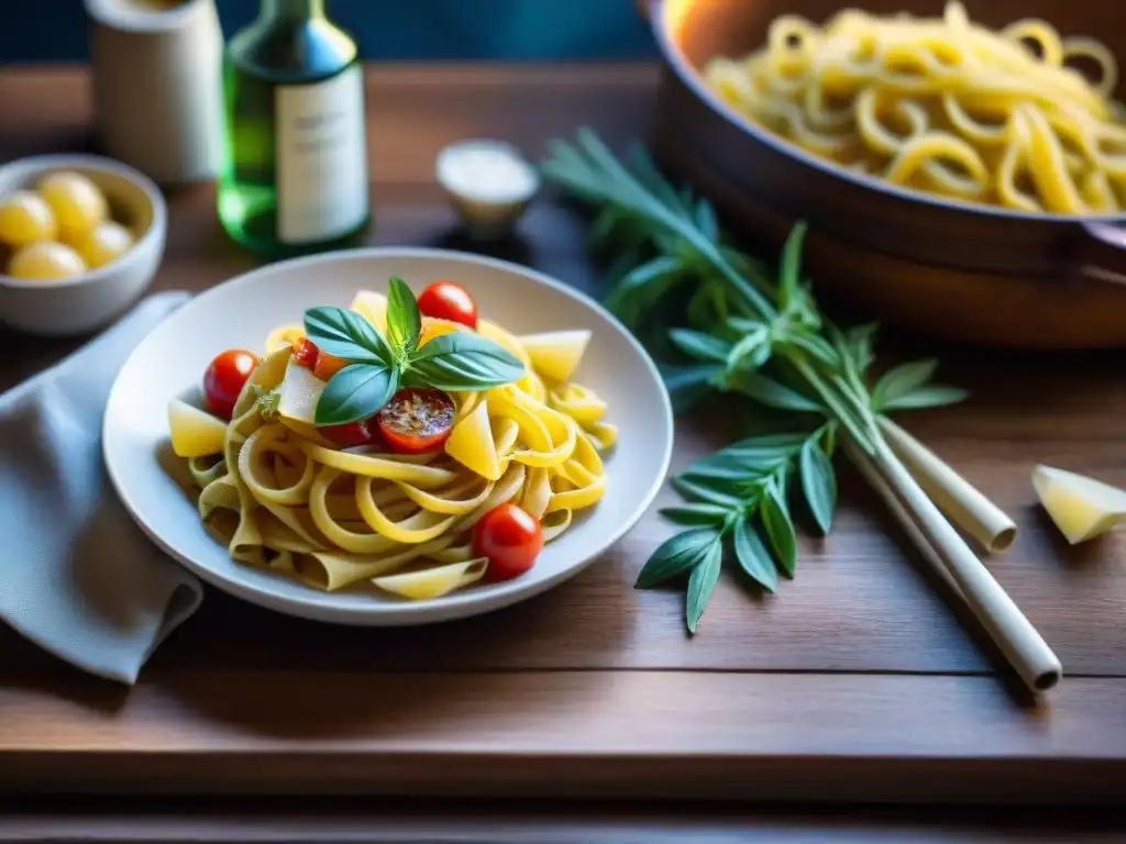 Una exquisita obra de arte culinaria italiana, con pasta, salsas y hierbas frescas, sobre mesa de madera