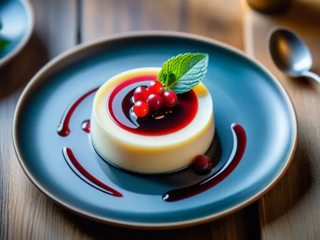 Una exquisita Panna Cotta receta tradicional italiana, decorada con coulis de bayas rojas y hojas de menta sobre una mesa rústica de madera