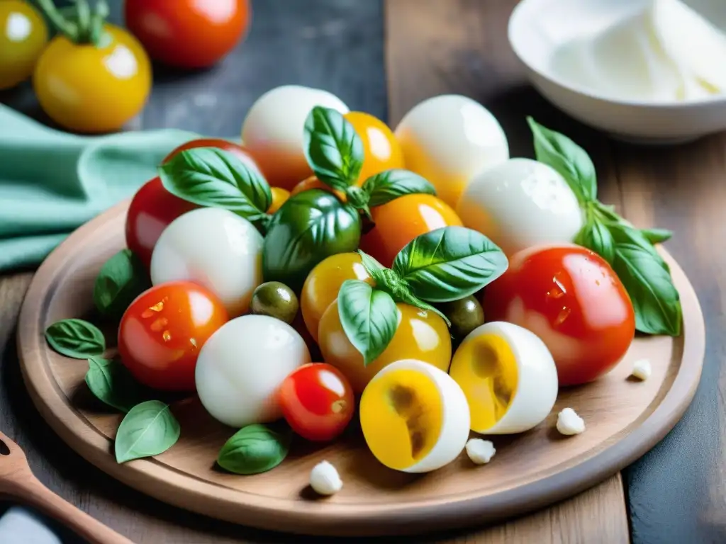 Una exquisita presentación de tomates, albahaca y mozzarella en plato rústico