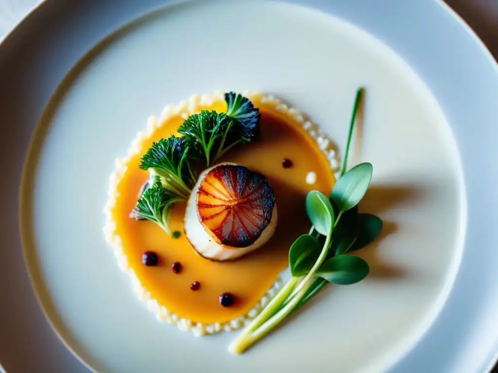 Una exquisita presentación de vieiras selladas sobre risotto cremoso, decoradas con germinados y salsa de azafrán, en un plato blanco moderno