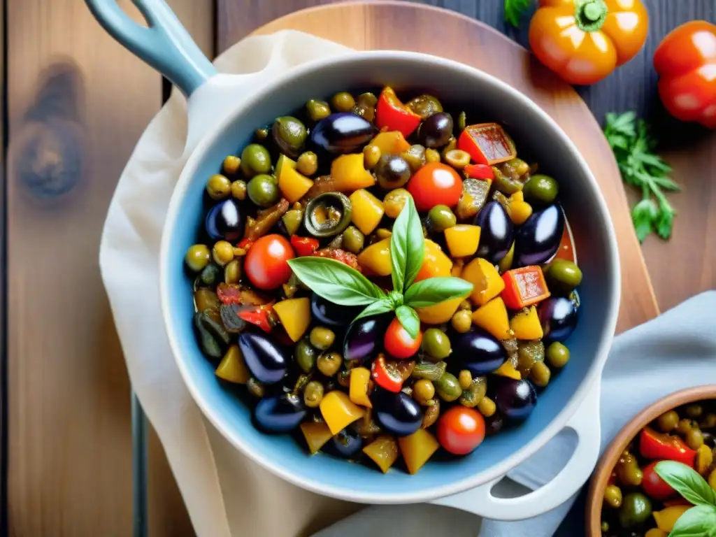 Una exquisita receta caponata siciliana vegetariana, con colores y texturas vibrantes en un plato de cerámica rústico