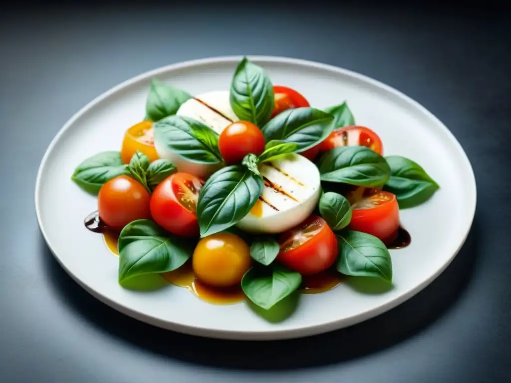 Exquisita receta caprese renovada menos calorías con tomates rojos, albahaca fresca y mozzarella en un plato moderno y colorido