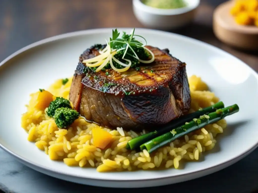 Una exquisita receta tradicional Ossobuco alla Milanese: tierno jarrete de ternera con guarnición de gremolata y risotto de azafrán