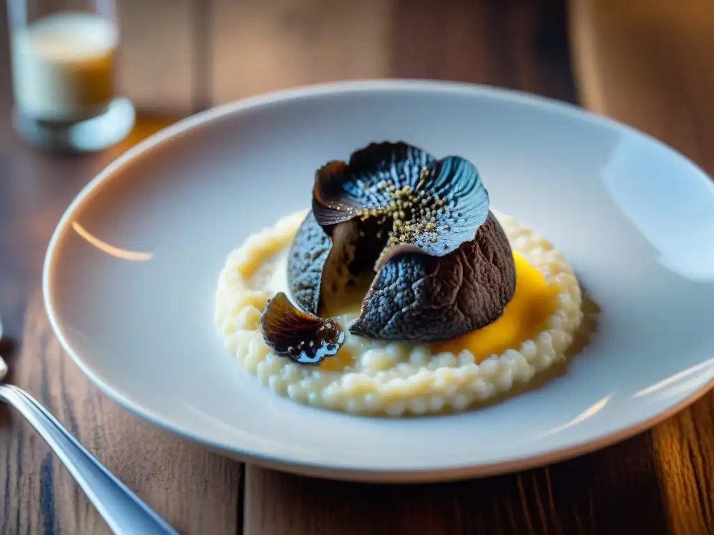 Exquisita receta con trufa gourmet: risotto cremoso con trufa negra recién cortada en un bol blanco