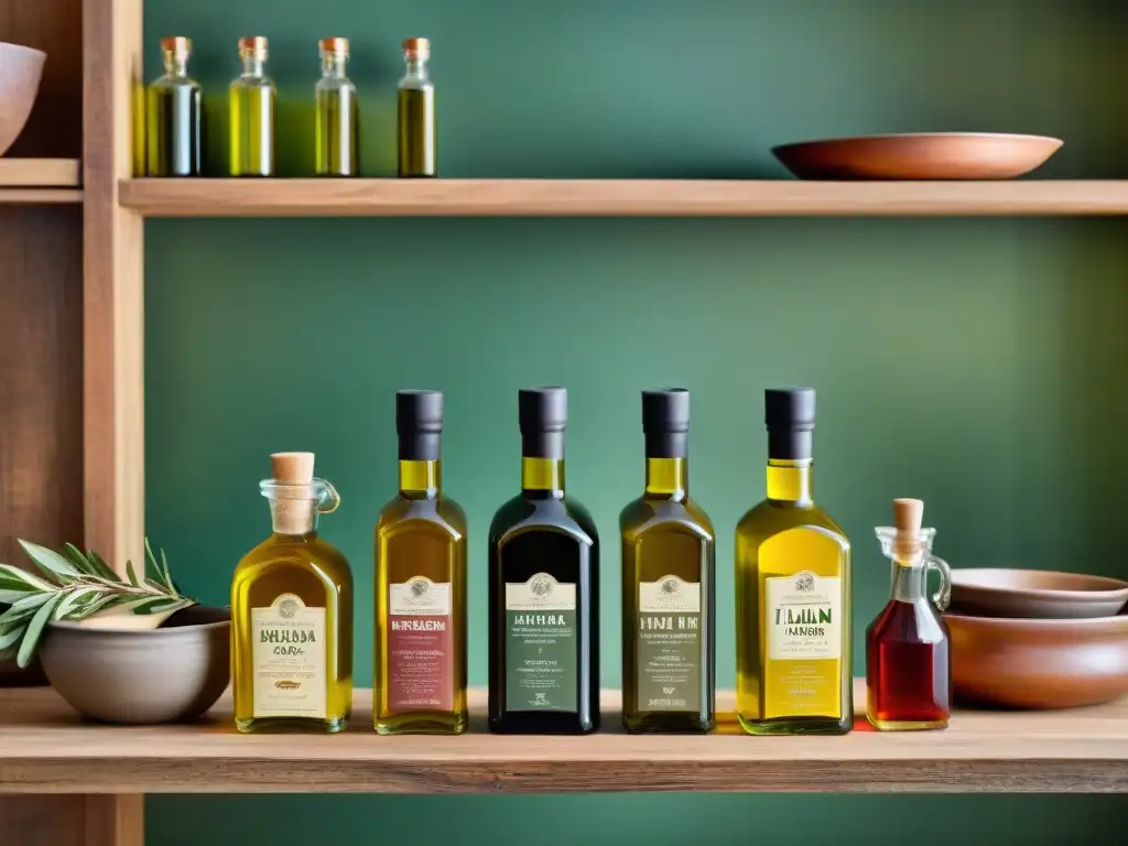 Exquisita selección de aceites y vinagres italianos en mesa rústica Una exquisita selección de aceites de oliva y vinagres italianos de alta calidad en una mesa rústica, evocando beneficios para la salud culinaria