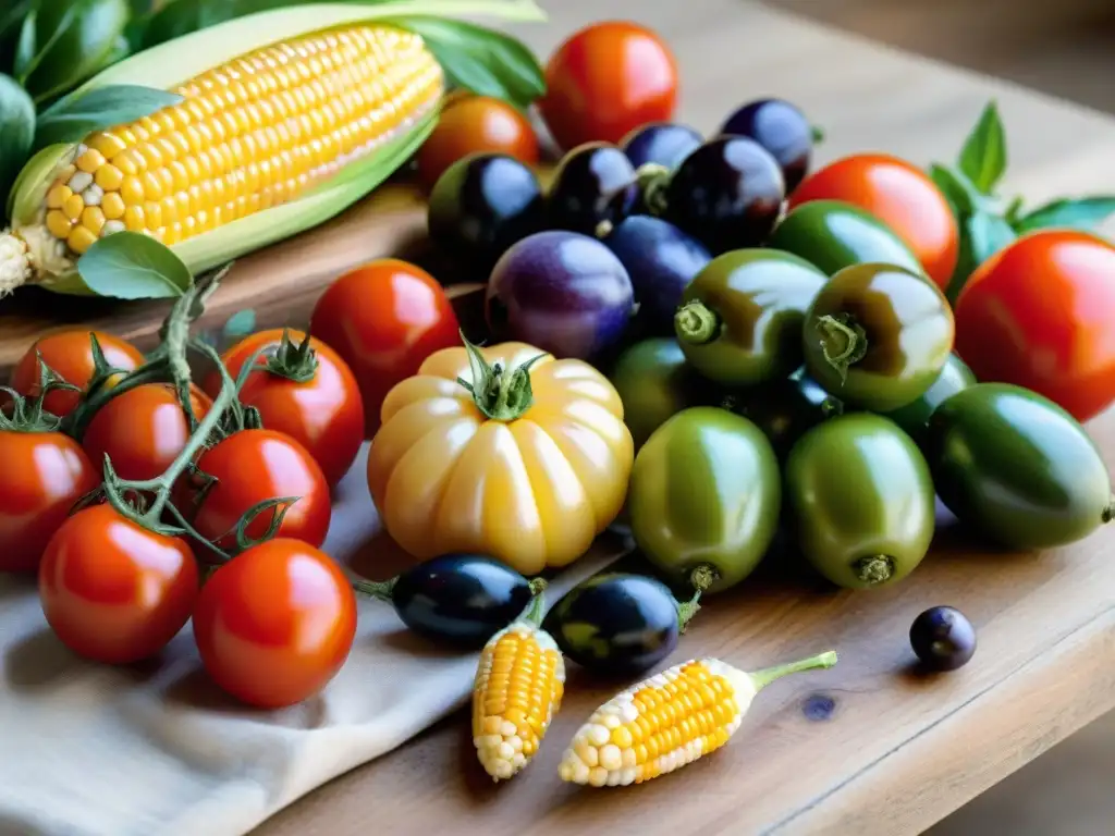 Una exquisita selección de frutas y verduras mediterráneas sobre una mesa rústica, resplandeciendo bajo luz natural