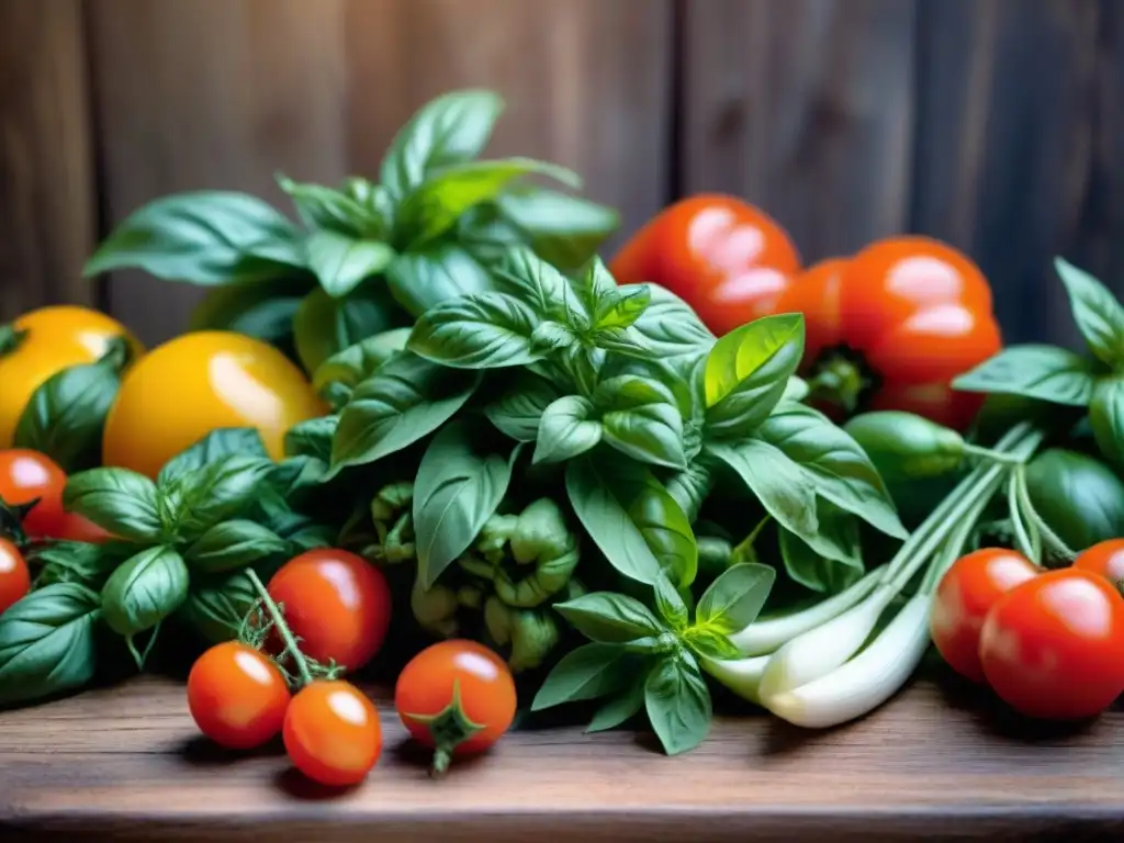 Una exquisita selección de hierbas y vegetales italianos frescos, con colores vibrantes y texturas naturales, sobre una mesa rústica