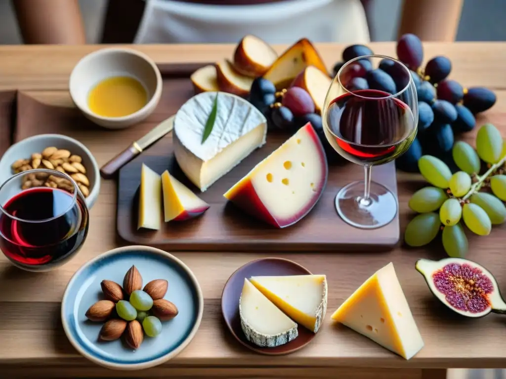 Una exquisita selección de maridajes con Dolcetto versátil sobre una mesa rústica de madera