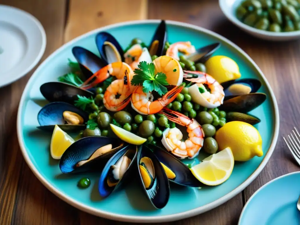 Una exquisita selección de mariscos sicilianos en plato de cerámica, resaltando la frescura y la belleza de los platos icónicos de la cocina italiana en las islas