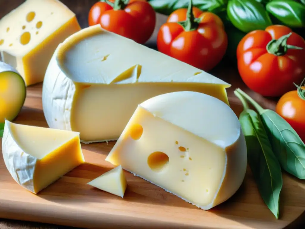 Una exquisita selección de quesos italianos junto a verduras frescas, creando una escena vibrante y apetitosa