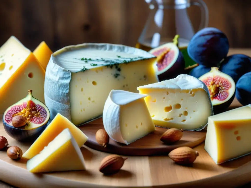 Una exquisita selección de quesos italianos con maridaje de frutas, frutos secos y miel en tabla rústica