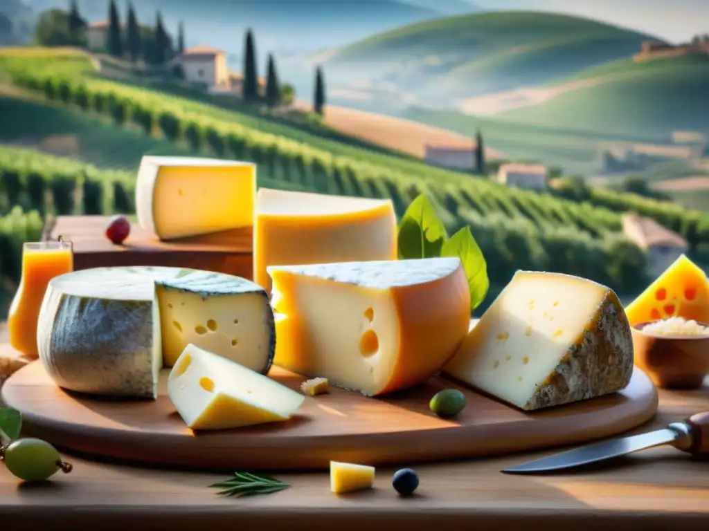 Una exquisita selección de quesos DOP e IGP Italia en tabla rústica, con sello de origen, en escenario campestre italiano